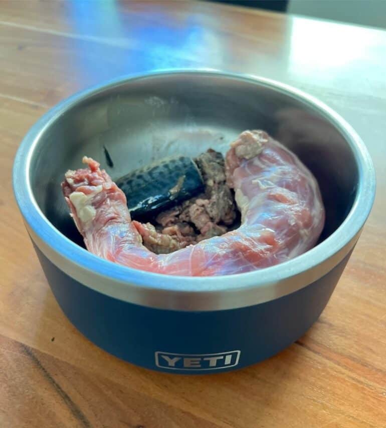 Yeti’s Boomer 4 dog bowl with Wally’s homemade raw dog food