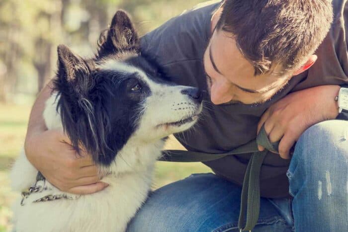 Dog Names that Start with D - man leaning in towards border collie dog.